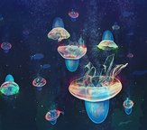 An artistic rendering of jellyfish swimming with streamlined caps on their bells.
