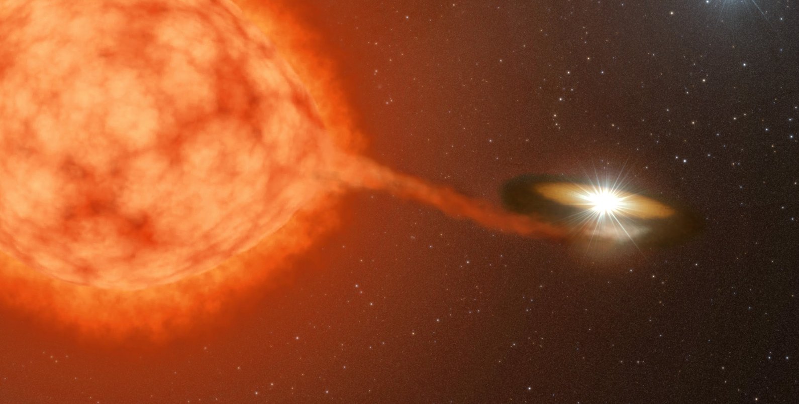 Artwork shows a puffy red star next to a white dwarf, with a third star in the background.
