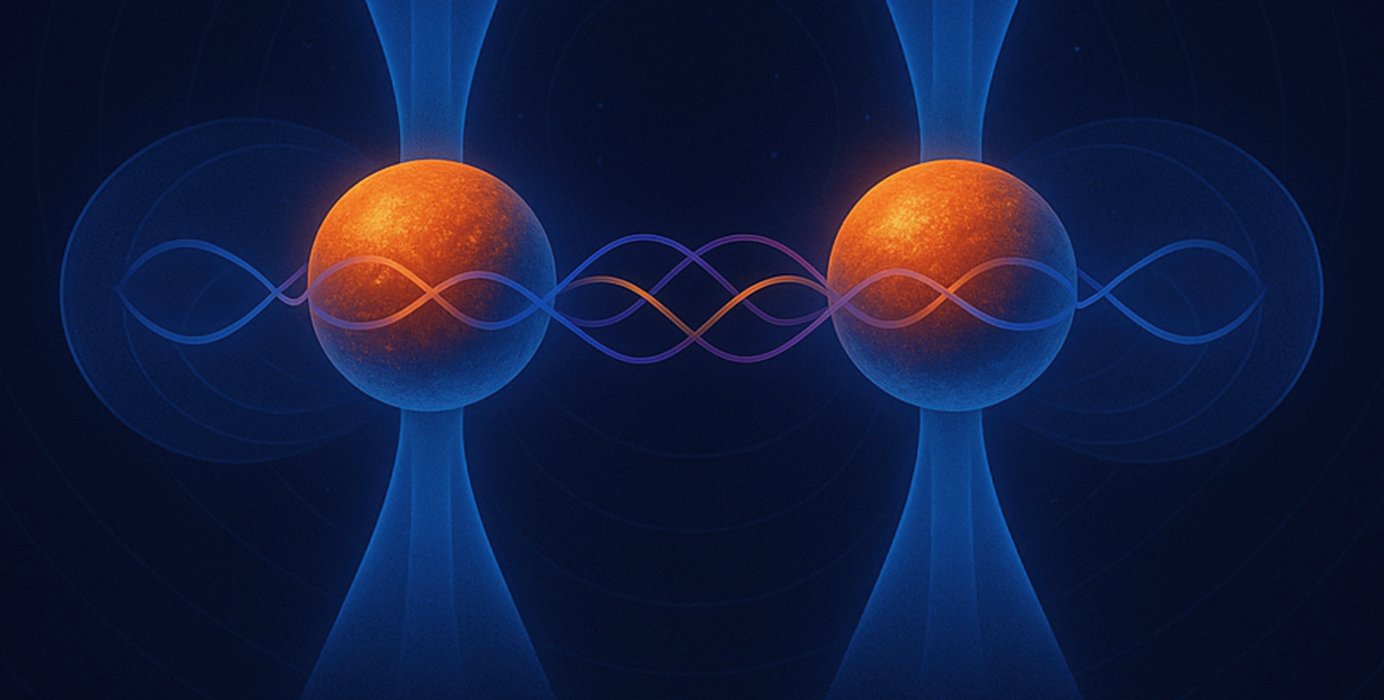 Artwork showing two balls (atoms) and lines between them (entanglement)