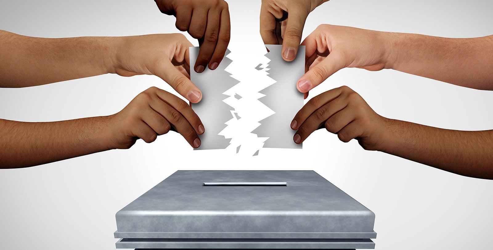 Six arms reach out to hold a ballot that is being ripped in two above a ballot box