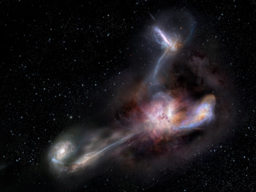 This artist's impression shows galaxy WISE J224607.55-052634.9, likely the most luminous galaxy ever discovered.