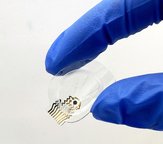 A rubber-gloved hand holds a diaphinous smart bandage covered with thin electrical traces.