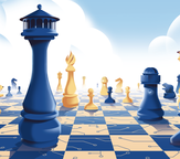 chess pieces on board with clouds above
